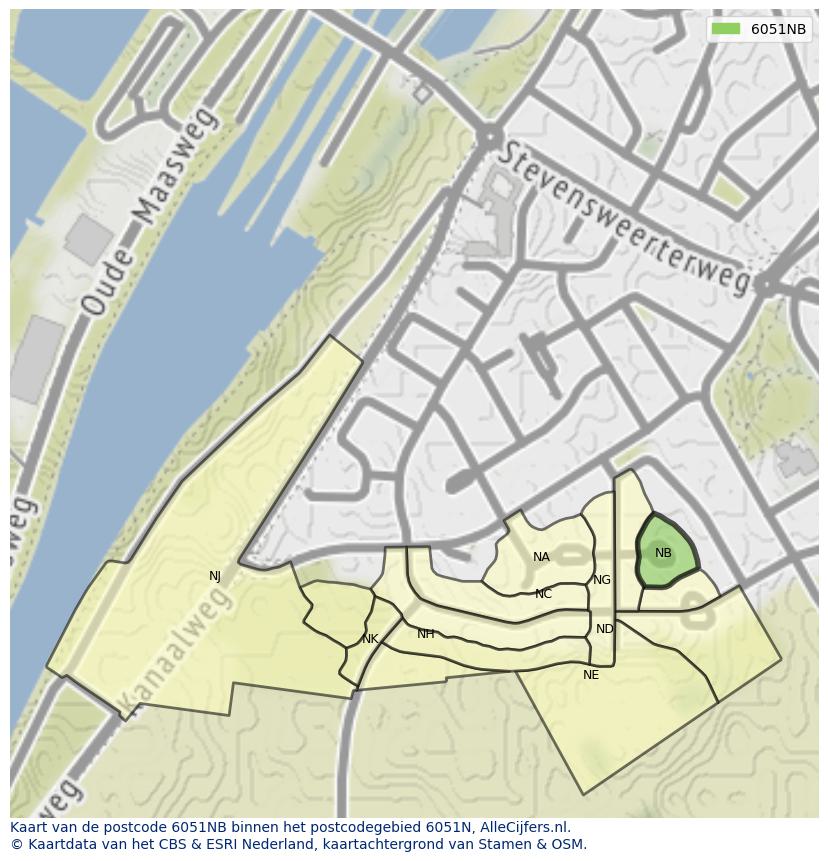 Afbeelding van het postcodegebied 6051 NB op de kaart.