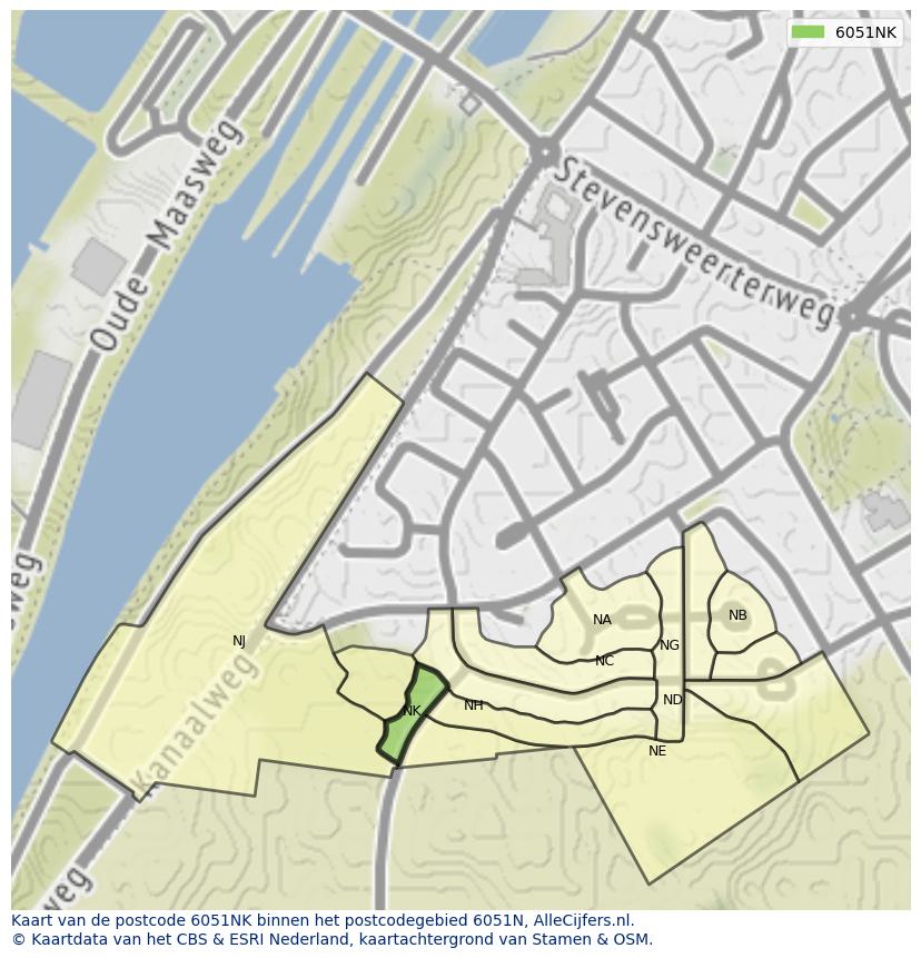Afbeelding van het postcodegebied 6051 NK op de kaart.