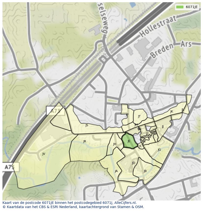 Afbeelding van het postcodegebied 6071 JE op de kaart.