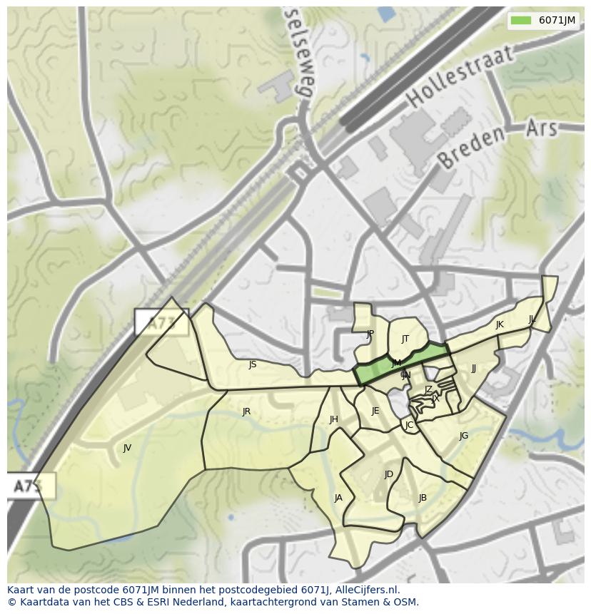 Afbeelding van het postcodegebied 6071 JM op de kaart.