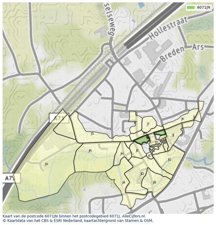 Afbeelding van het postcodegebied 6071 JN op de kaart.