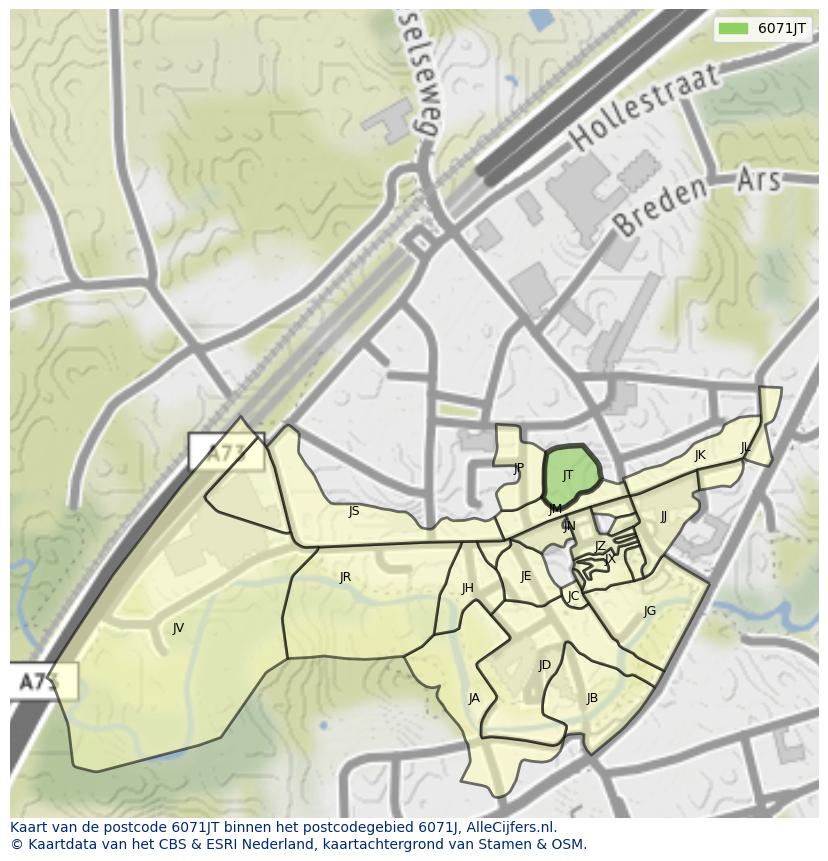 Afbeelding van het postcodegebied 6071 JT op de kaart.