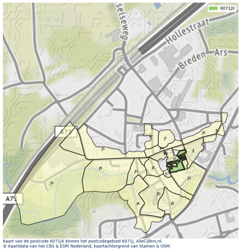 Afbeelding van het postcodegebied 6071 JX op de kaart.