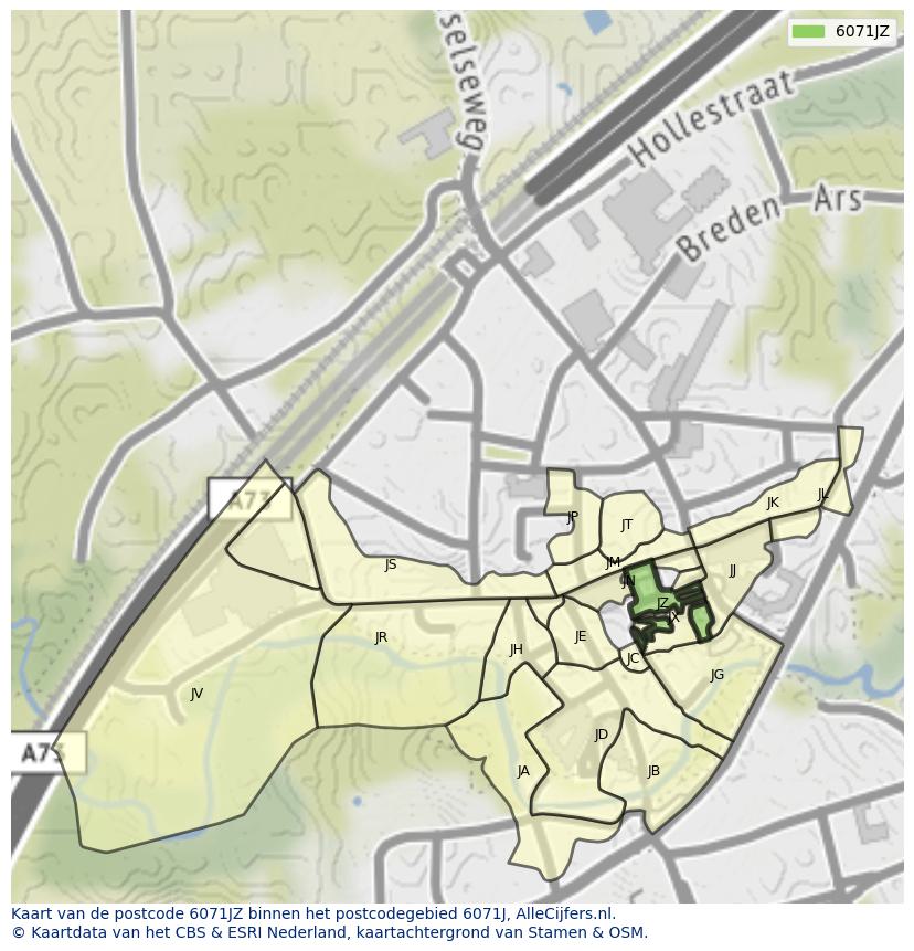 Afbeelding van het postcodegebied 6071 JZ op de kaart.
