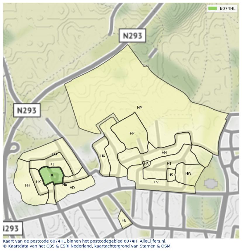 Afbeelding van het postcodegebied 6074 HL op de kaart.