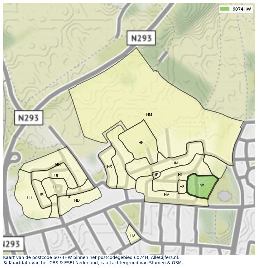 Afbeelding van het postcodegebied 6074 HW op de kaart.