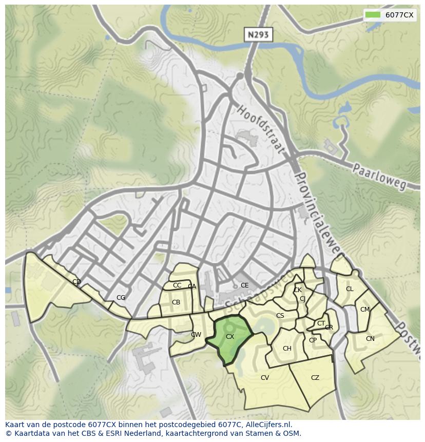 Afbeelding van het postcodegebied 6077 CX op de kaart.