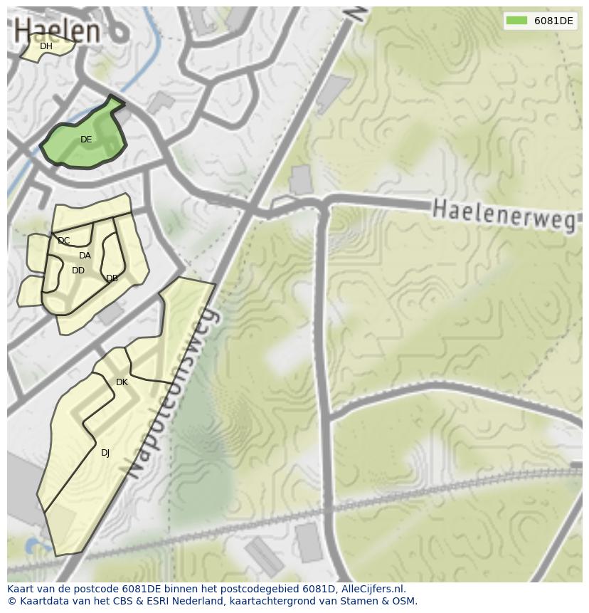 Afbeelding van het postcodegebied 6081 DE op de kaart.