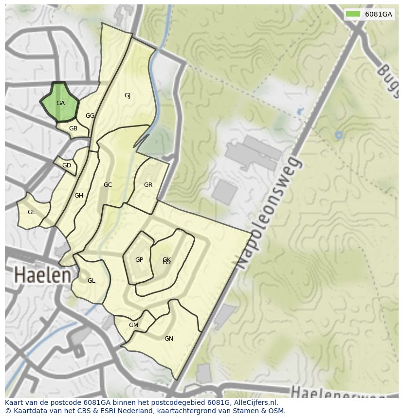 Afbeelding van het postcodegebied 6081 GA op de kaart.