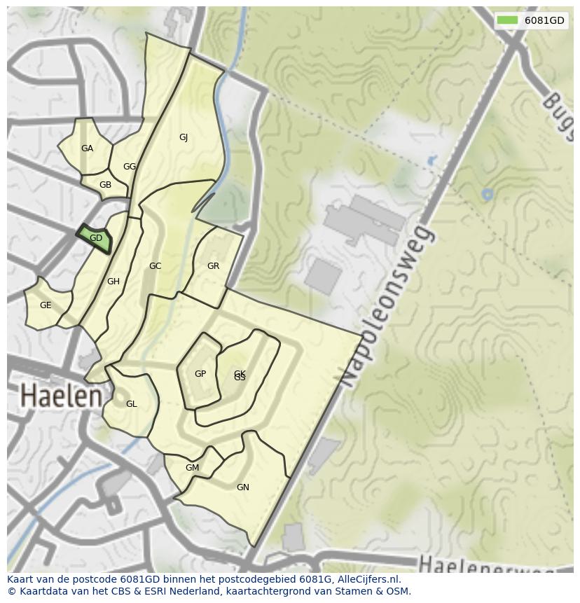Afbeelding van het postcodegebied 6081 GD op de kaart.