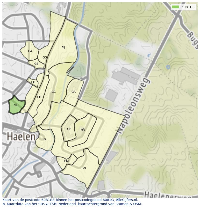 Afbeelding van het postcodegebied 6081 GE op de kaart.