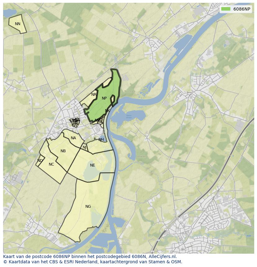 Afbeelding van het postcodegebied 6086 NP op de kaart.