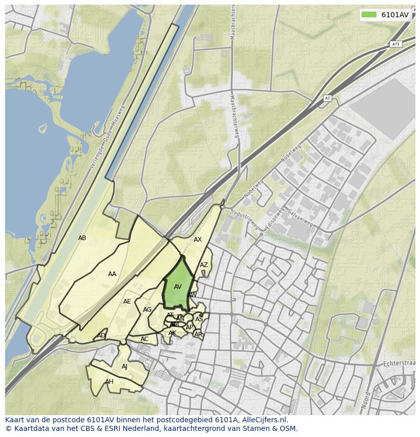 Afbeelding van het postcodegebied 6101 AV op de kaart.
