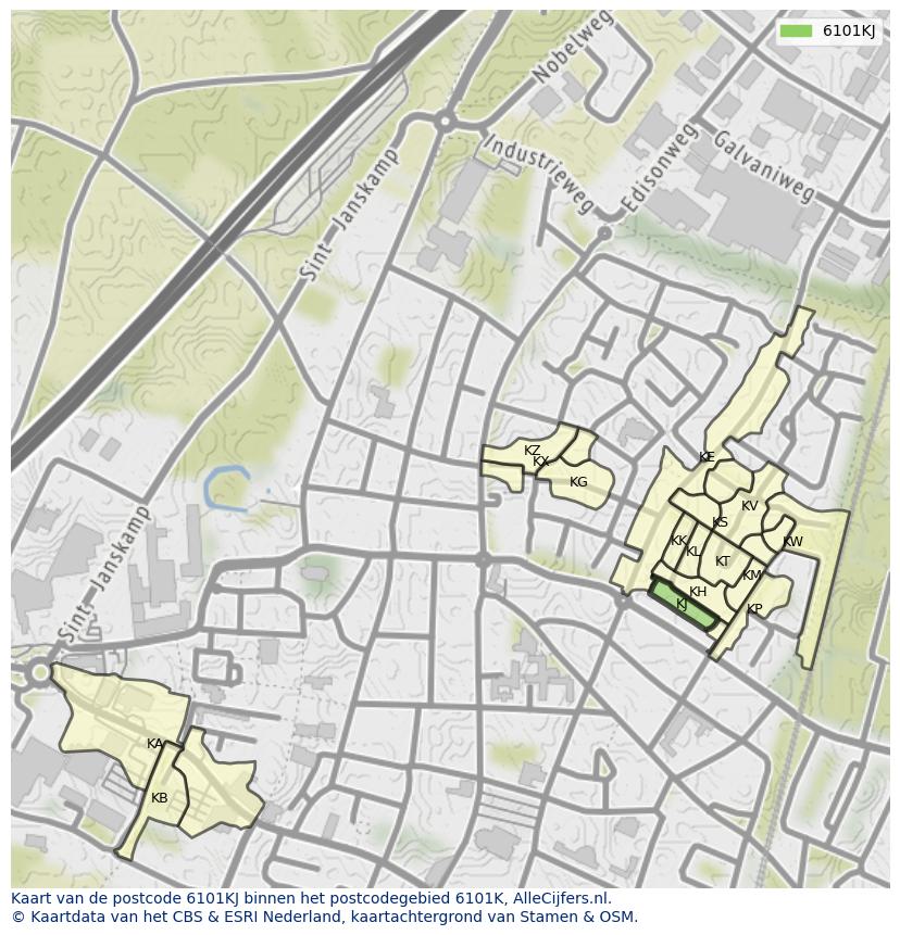 Afbeelding van het postcodegebied 6101 KJ op de kaart.