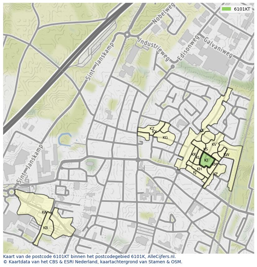 Afbeelding van het postcodegebied 6101 KT op de kaart.
