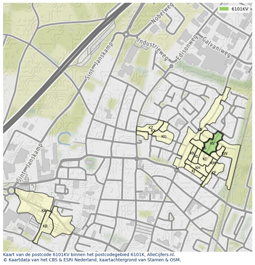 Afbeelding van het postcodegebied 6101 KV op de kaart.
