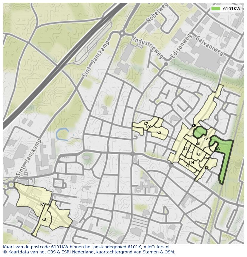 Afbeelding van het postcodegebied 6101 KW op de kaart.