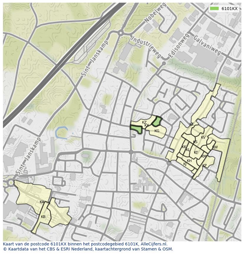 Afbeelding van het postcodegebied 6101 KX op de kaart.