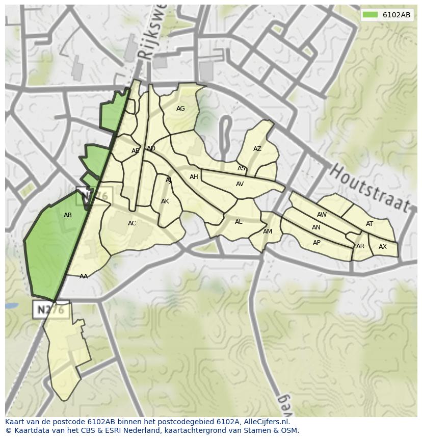 Afbeelding van het postcodegebied 6102 AB op de kaart.