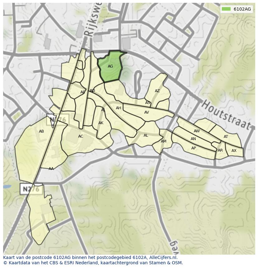 Afbeelding van het postcodegebied 6102 AG op de kaart.