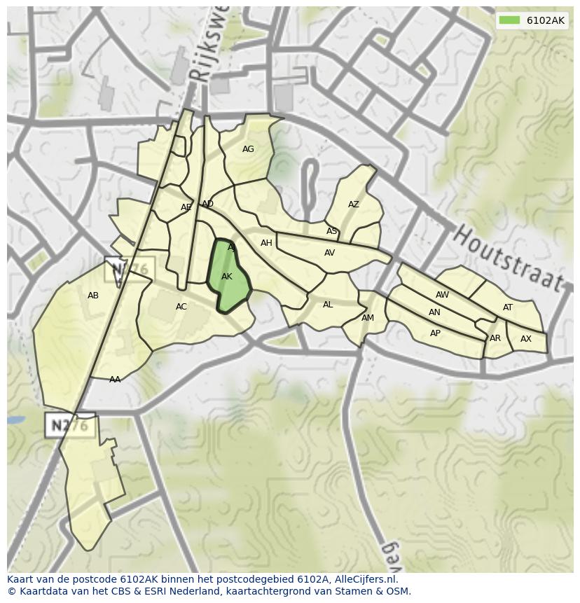 Afbeelding van het postcodegebied 6102 AK op de kaart.