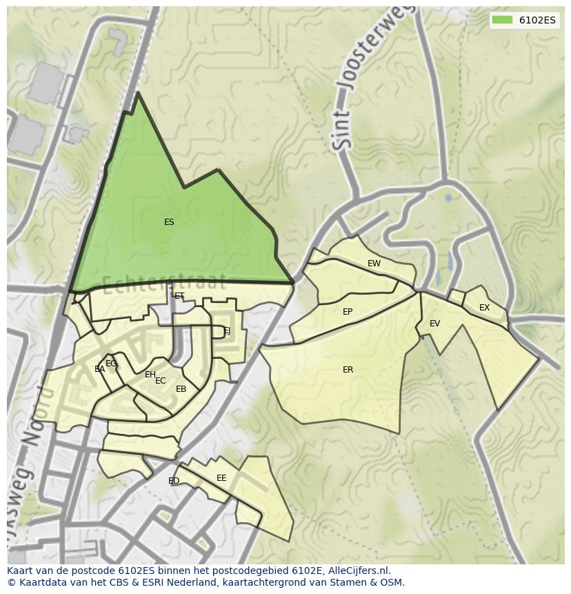 Afbeelding van het postcodegebied 6102 ES op de kaart.