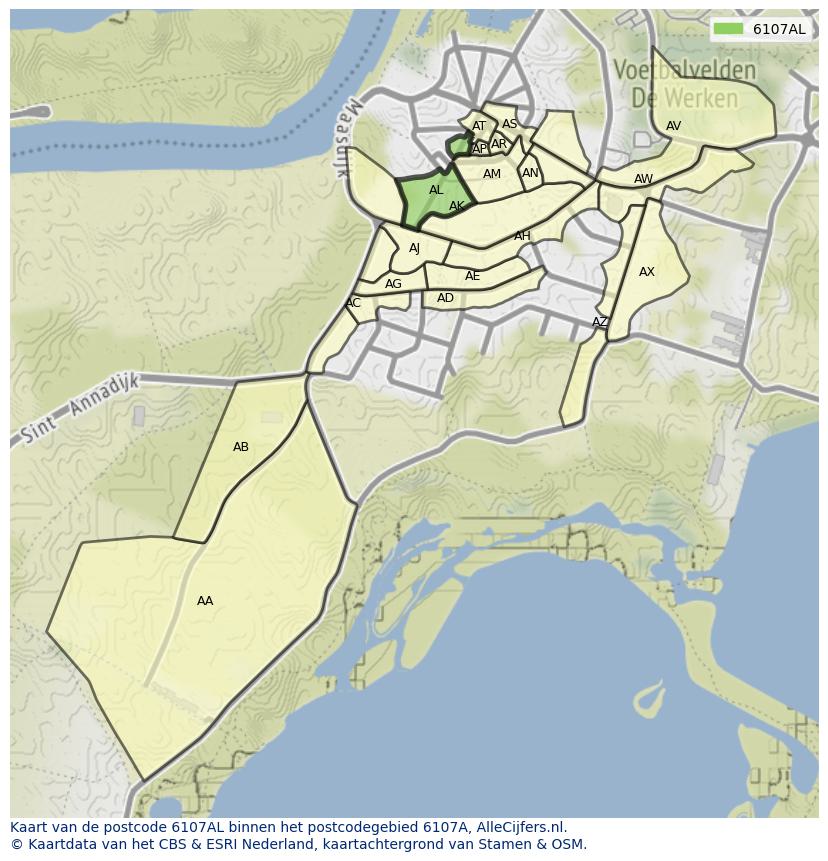 Afbeelding van het postcodegebied 6107 AL op de kaart.