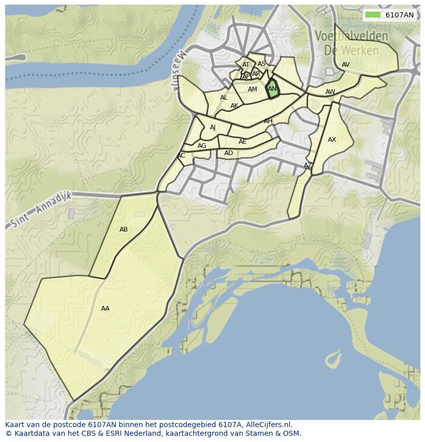 Afbeelding van het postcodegebied 6107 AN op de kaart.