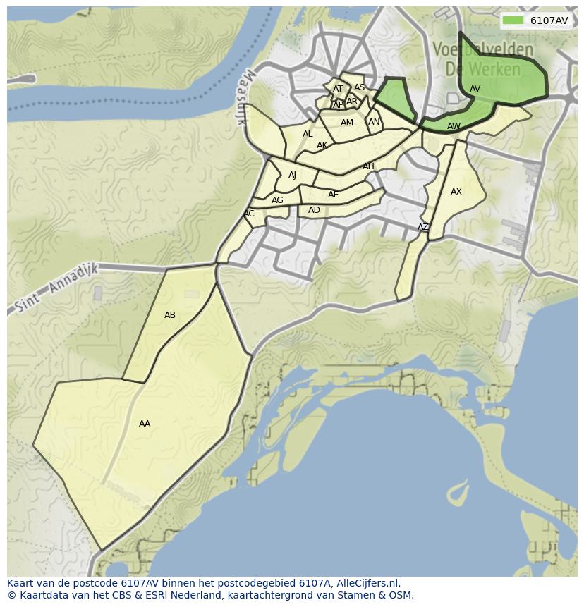 Afbeelding van het postcodegebied 6107 AV op de kaart.