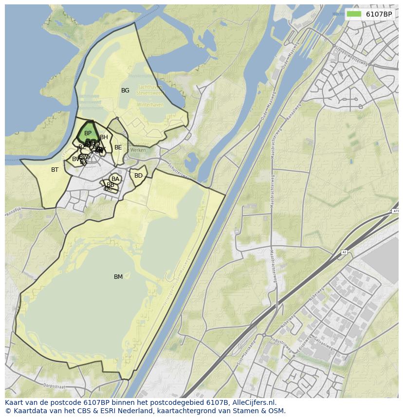 Afbeelding van het postcodegebied 6107 BP op de kaart.