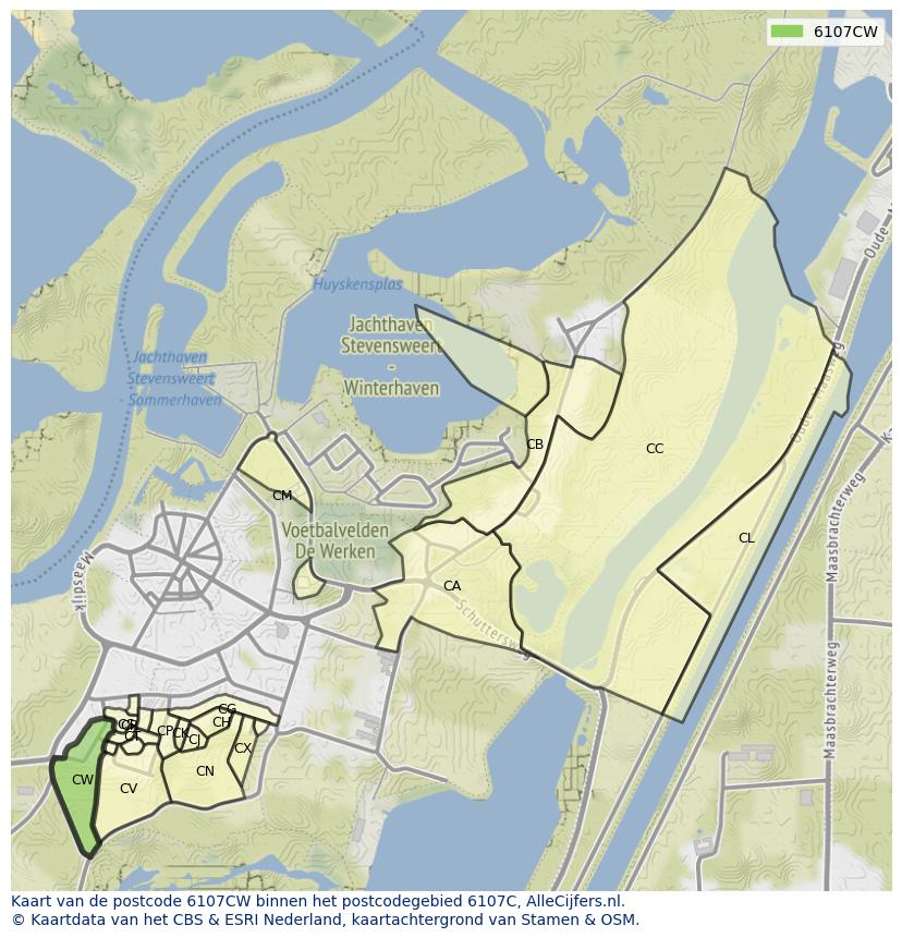 Afbeelding van het postcodegebied 6107 CW op de kaart.