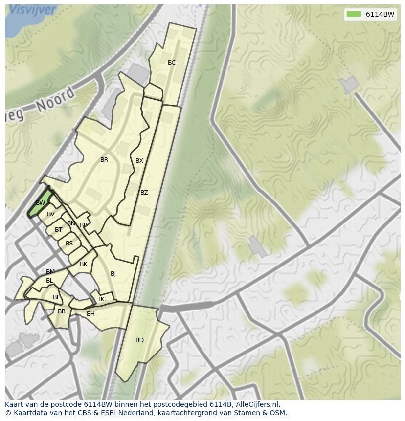 Afbeelding van het postcodegebied 6114 BW op de kaart.