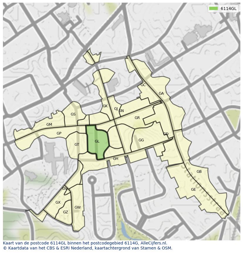Afbeelding van het postcodegebied 6114 GL op de kaart.