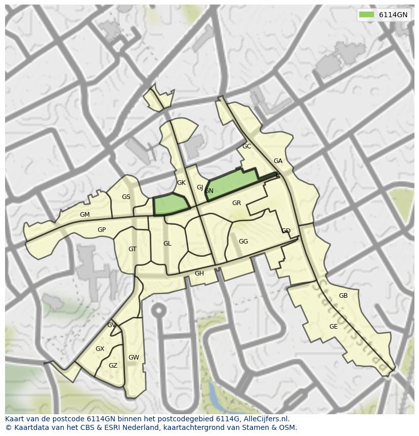 Afbeelding van het postcodegebied 6114 GN op de kaart.