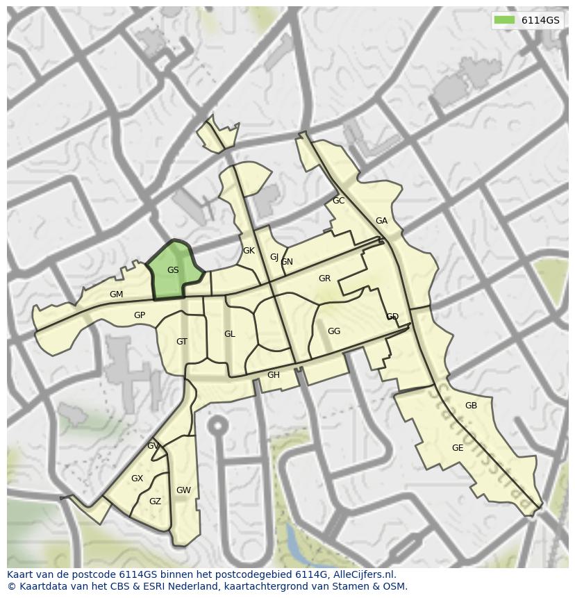 Afbeelding van het postcodegebied 6114 GS op de kaart.