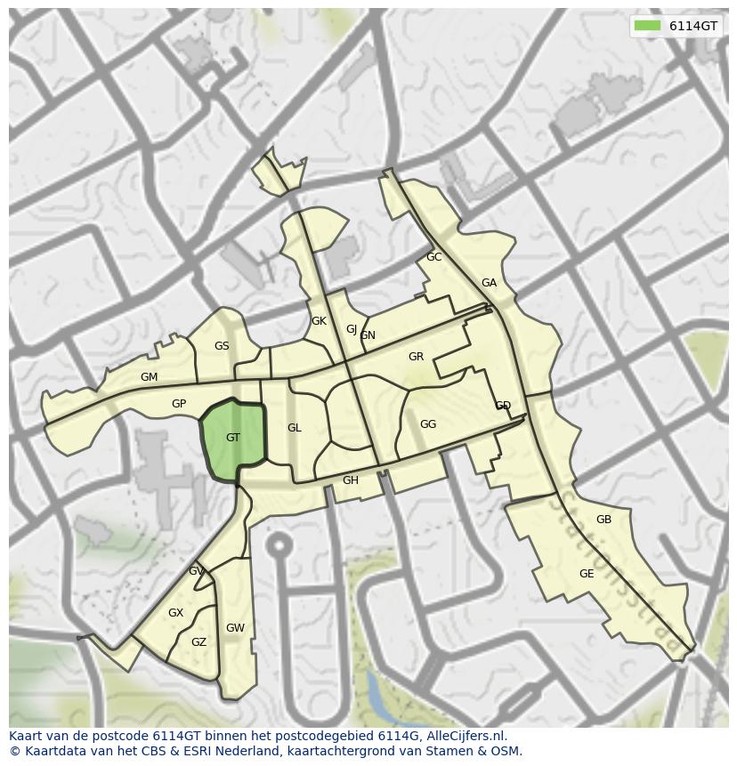 Afbeelding van het postcodegebied 6114 GT op de kaart.