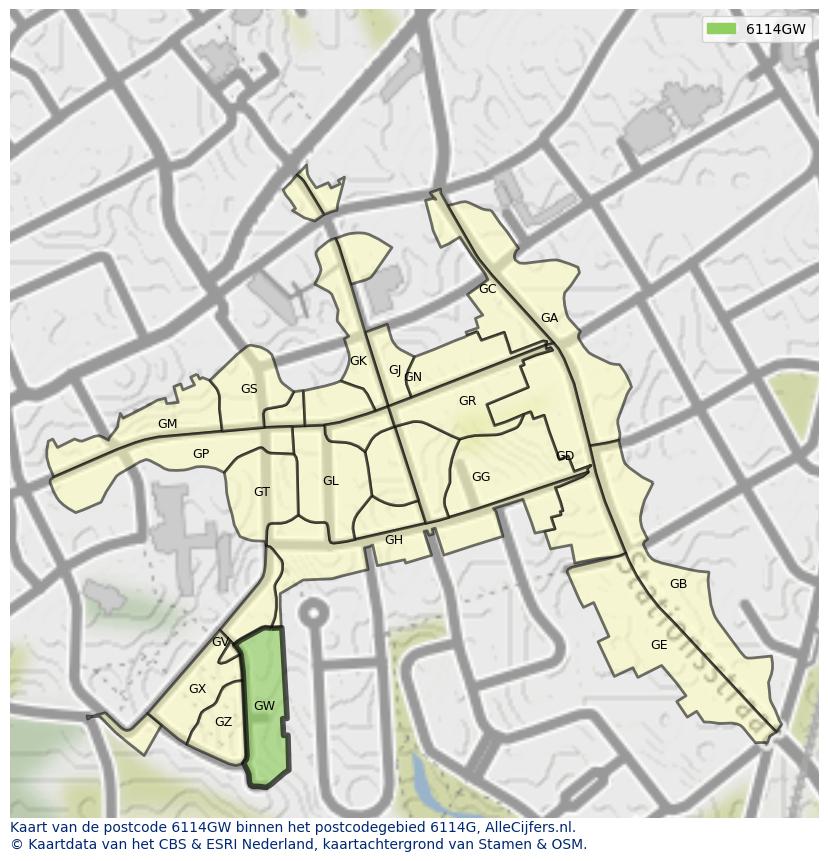 Afbeelding van het postcodegebied 6114 GW op de kaart.