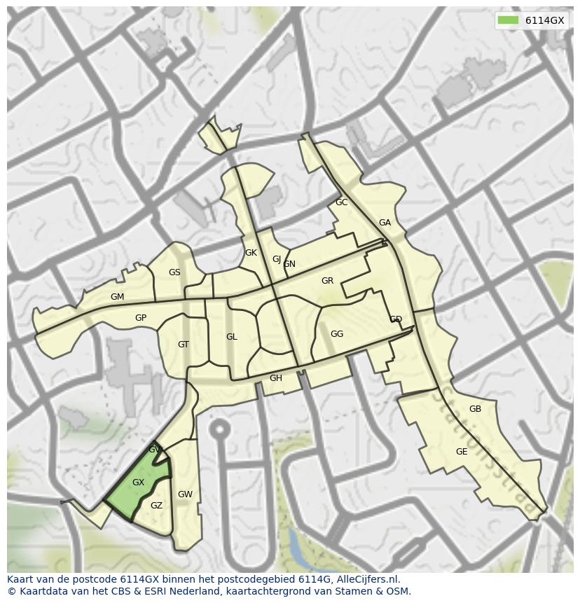 Afbeelding van het postcodegebied 6114 GX op de kaart.