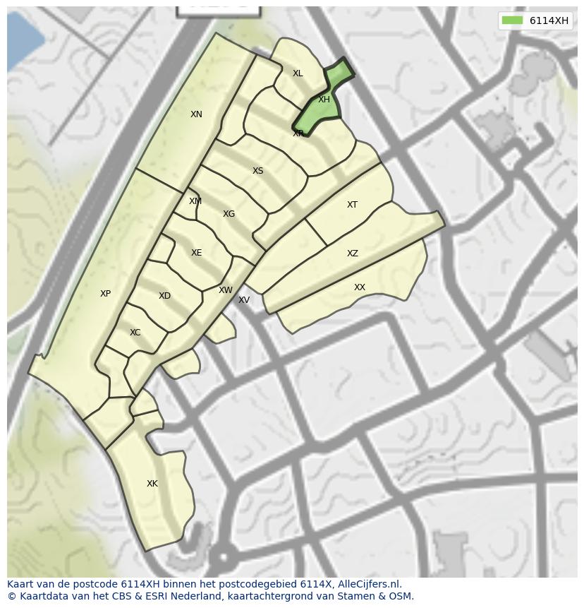 Afbeelding van het postcodegebied 6114 XH op de kaart.
