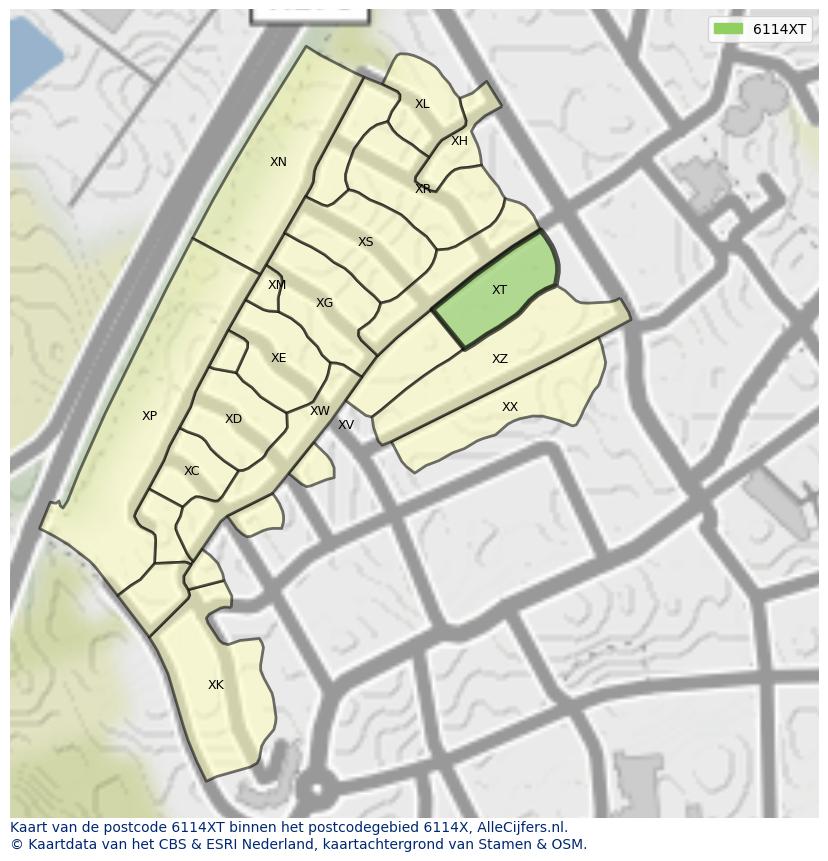 Afbeelding van het postcodegebied 6114 XT op de kaart.