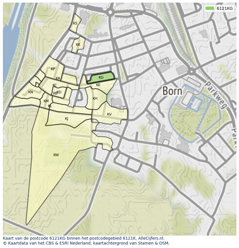 Afbeelding van het postcodegebied 6121 KG op de kaart.