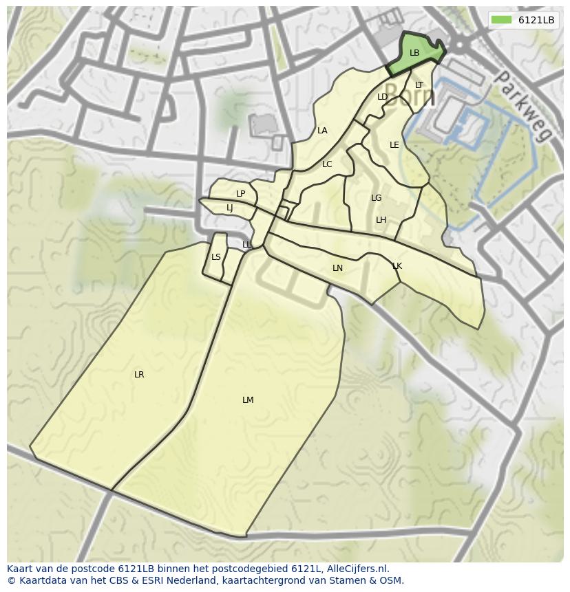 Afbeelding van het postcodegebied 6121 LB op de kaart.