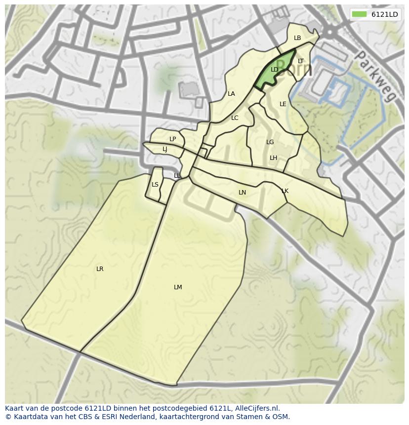 Afbeelding van het postcodegebied 6121 LD op de kaart.