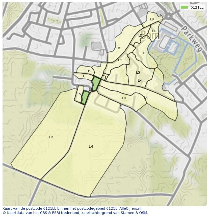 Afbeelding van het postcodegebied 6121 LL op de kaart.