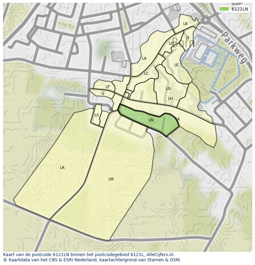 Afbeelding van het postcodegebied 6121 LN op de kaart.