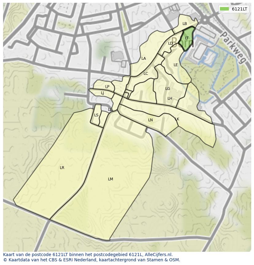 Afbeelding van het postcodegebied 6121 LT op de kaart.