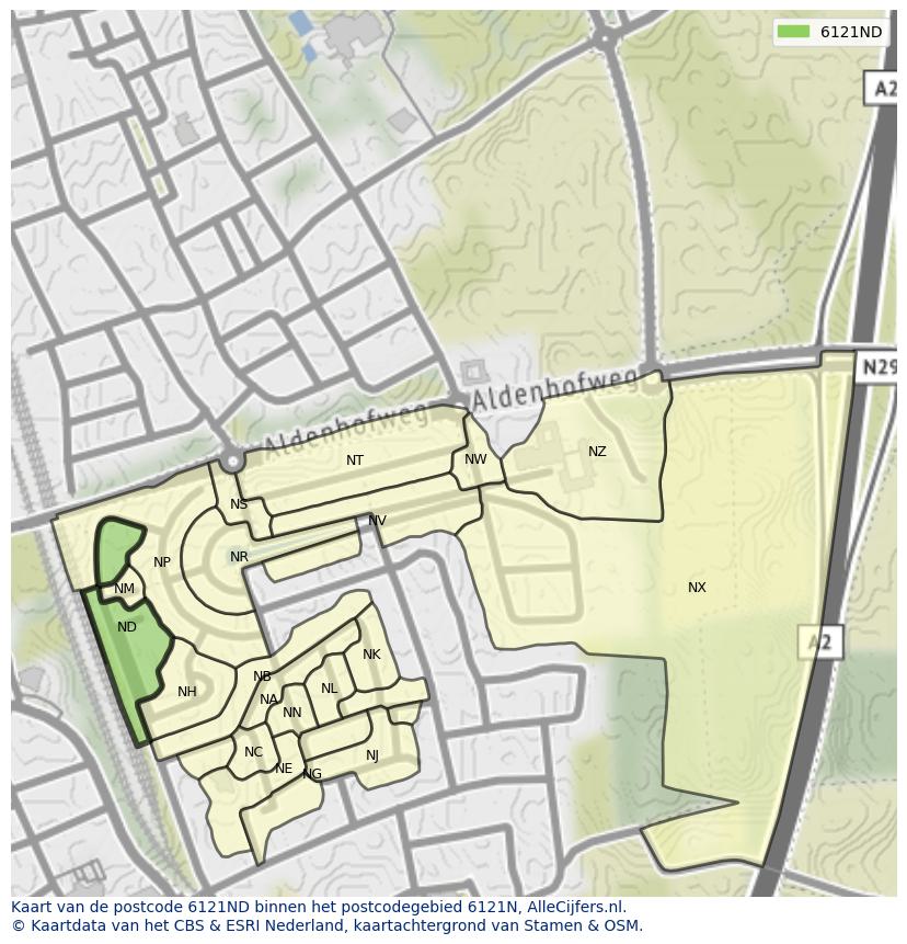 Afbeelding van het postcodegebied 6121 ND op de kaart.