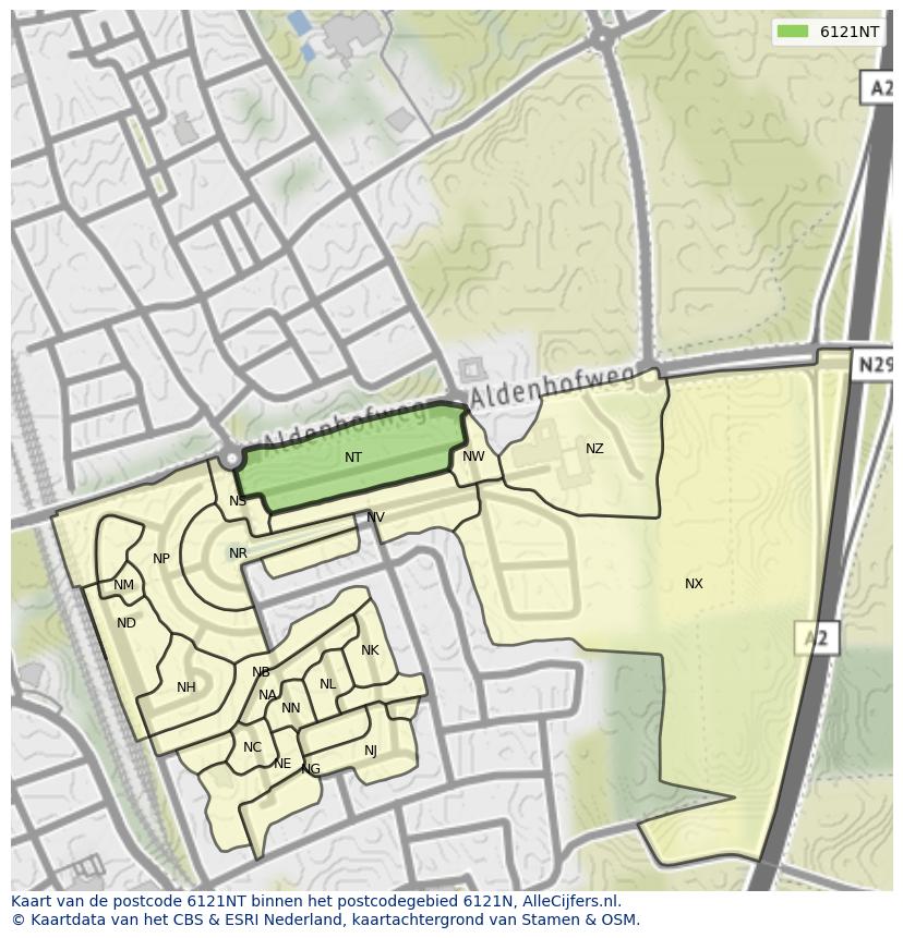 Afbeelding van het postcodegebied 6121 NT op de kaart.