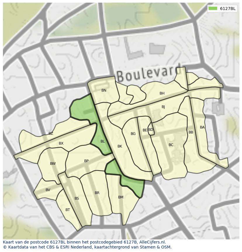 Afbeelding van het postcodegebied 6127 BL op de kaart.