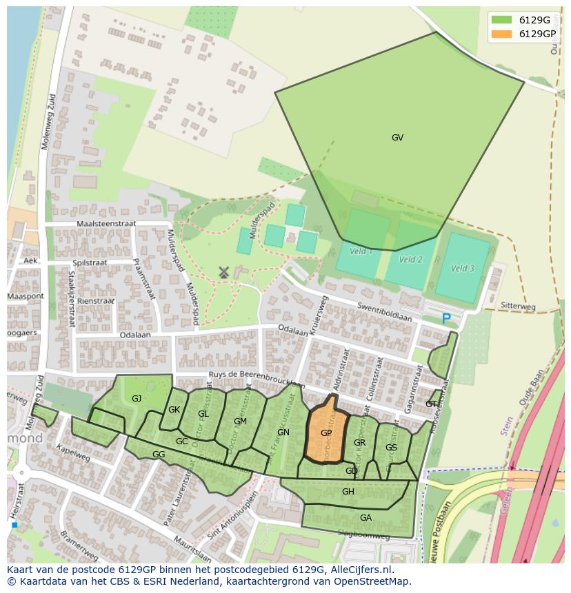 Afbeelding van het postcodegebied 6129 GP op de kaart.